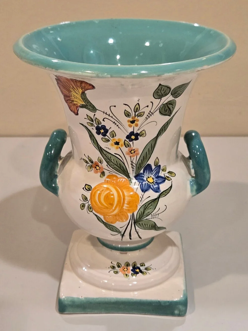 Vintage Italian Hand-Painted Floral Ceramic Urn Vase in Turquoise & White